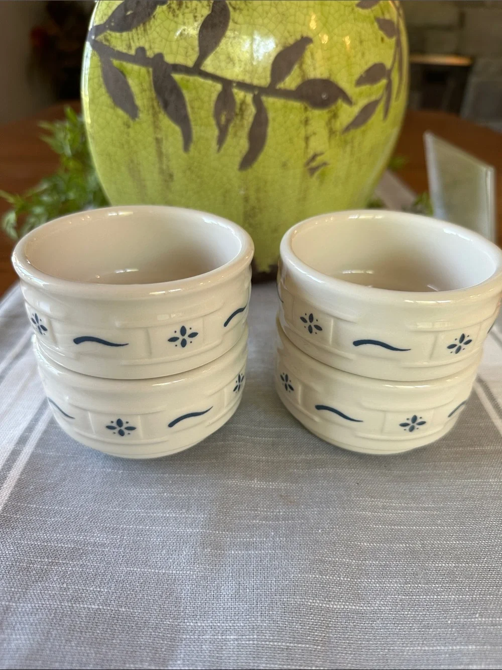 Longaberger White Ceramic Ramekins with Blue Logo Detail set of 4